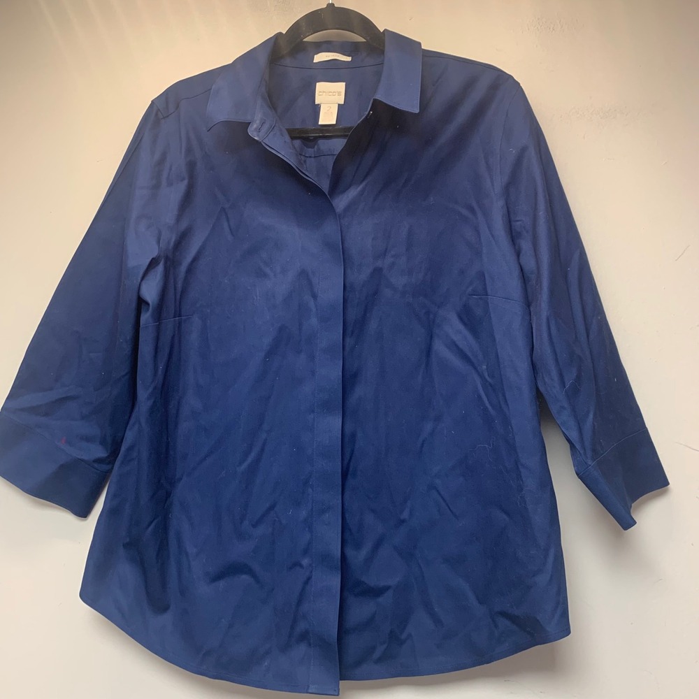 Chico's Button Down Shirt Womens 2 Navy Blue Excellent No-Iron Button-Back Top